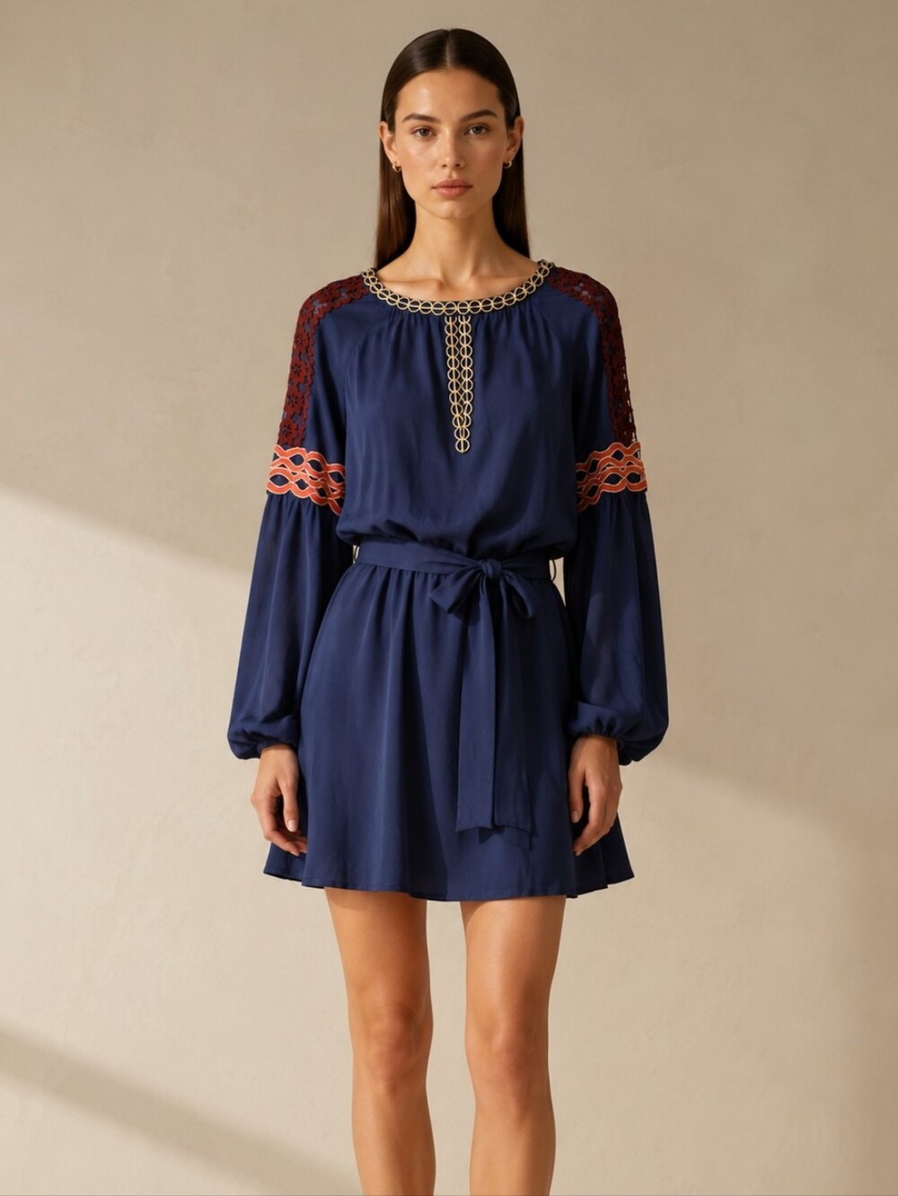 Tory Burch Silk Navy Shift Dress Embroidered Long Sleeve Quiet Luxury Minimalist
